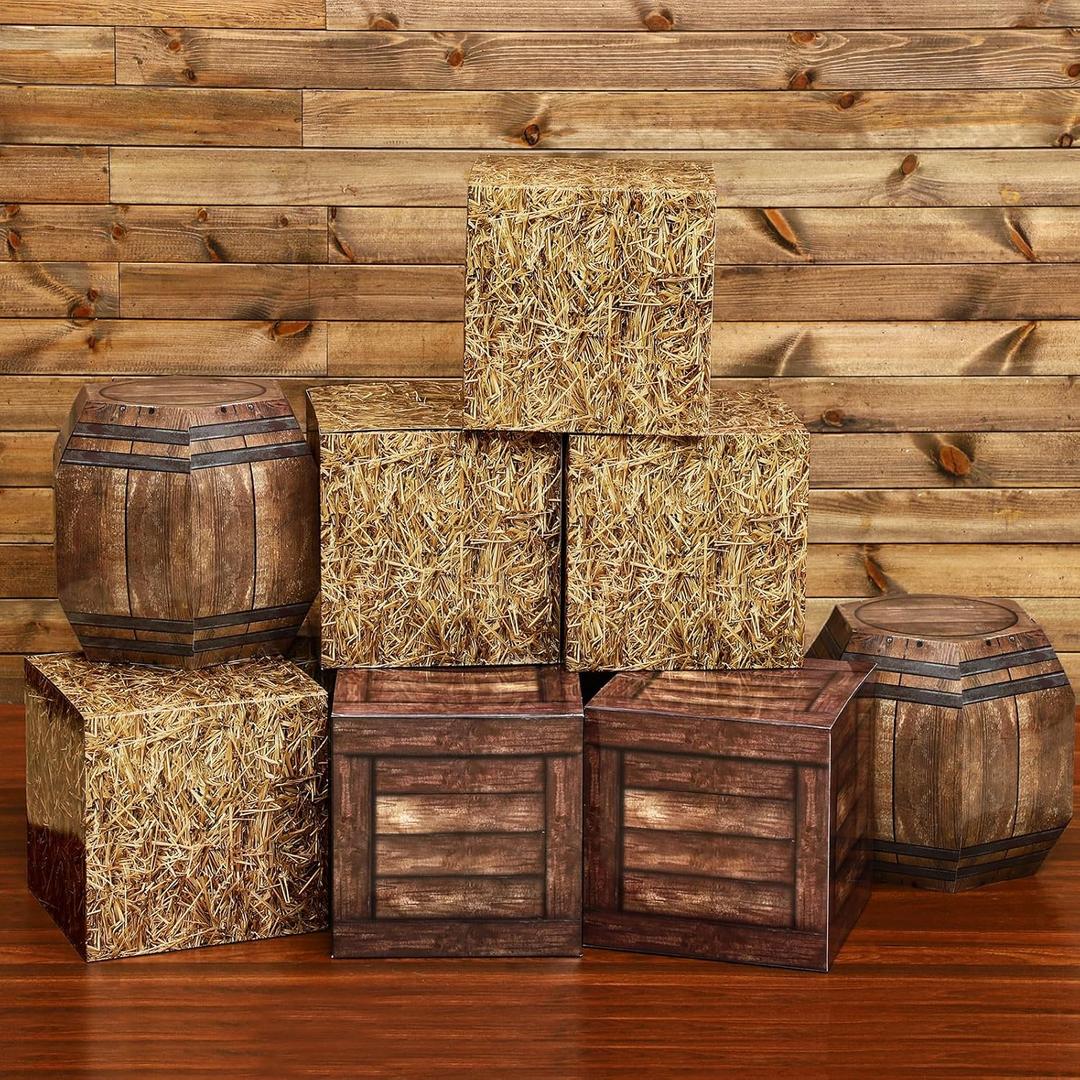 Threehoney 8 Pcs Western Cowboy Party Decorations 11.8 Inches Summer Halloween Hay Bales Boxes Decor Include Wood Grain Wine Barrel Boxes Hay Decoration for Pirate Farmhouse Western Themed Party