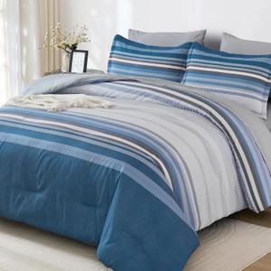 Dobuyly Grayish Blue Queen Comforter Set 7 Pieces, Boho Striped Bed in a Bag Queen Size Soft Microfiber All Season Grey Bedding Set with Comforter, Sheets, Pillowcases & Shams