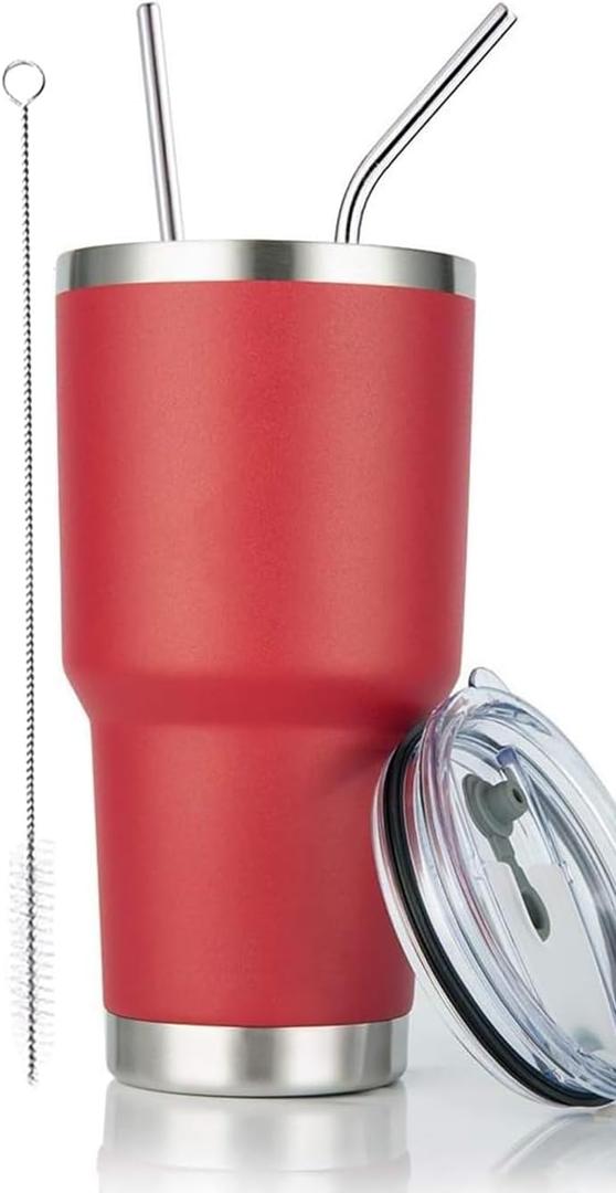 DS 30oz Red Tumbler Stainless Steel Double Wall Vacuum Insulated Mug with Straw and Lid, Cleaning Brush for Cold and Hot Beverages (30oz Red)