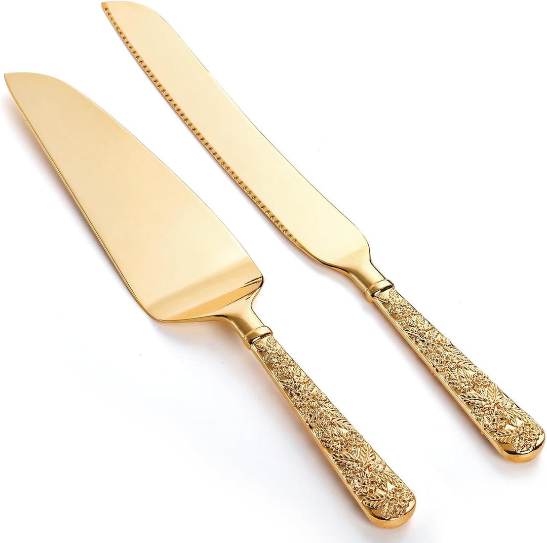 Dicunoy 2 PCS Gold Cake Knife and Server Set, Wedding Cake Cutting Utensils, Vintage Engraved Cake Cutter and Serving Spatula for Birthday,Anniversary, Vibrant Gold