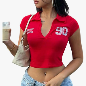 SOLY HUX Women's Y2k Crop Top Summer Collared V Neck Short Sleeve Graphic T-Shirts Streetwear M