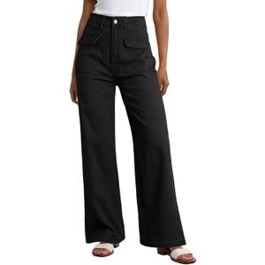 Dokotoo Women's Cargo Baggy Wide Leg High Waist Casual Stretch Pants, Black US 6