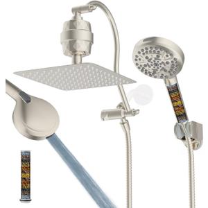 Hibbent All Metal 10'' Filtered Rainfall Shower Head Combo, High Pressure Handheld Shower Head with 12'' Adjustable Curved Extension Arm, 20 Stage Shower Filter, 10-spray, 71'' Hose, Brushed Nickel
