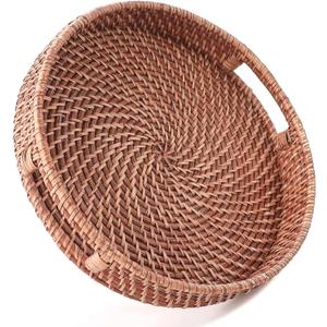 HITOMEN 11.8" Hand-Woven Round Rattan Serving Tray Decorative Wicker Trays with Handles for Coffee Table (Honey Brown-M)