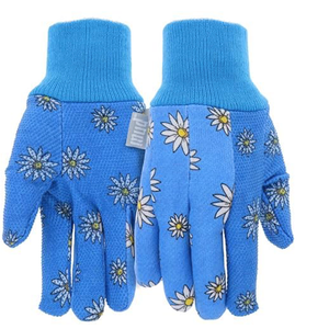 MUD Basic Women's PVC Dotted Palm And Daisy Printed Jersey Garden Glove, Extreme Comfort, Excellent Grip, Durable Wear, Blue, Medium/Large (M61001B-WML),MD61001B-WML