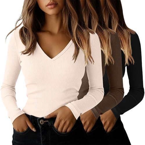 Ficerd 3 Pack Women's Long Sleeve T Shirts Cotton V Neck Slim Fit Tops Ribbed Knit Layering Casual Basic Tees 2025 Fall medium