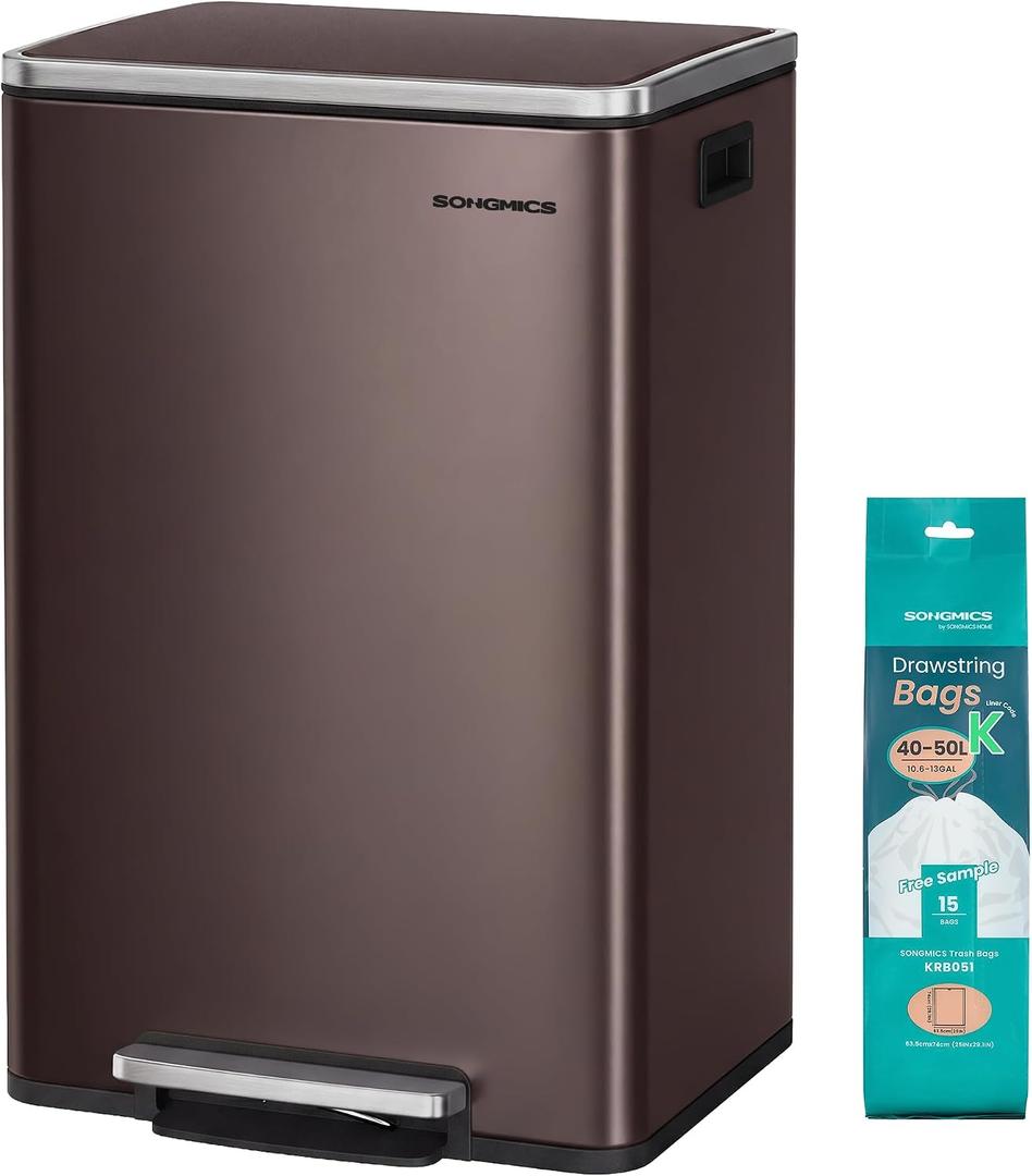 SONGMICS Trash Can, 13-Gallon Gabbage Can, with 15 Trash Bags, Stainless Steel, with Soft-Close Lid, Removable Inner Bucket, Handles, Red Brown ULTB595MZ01