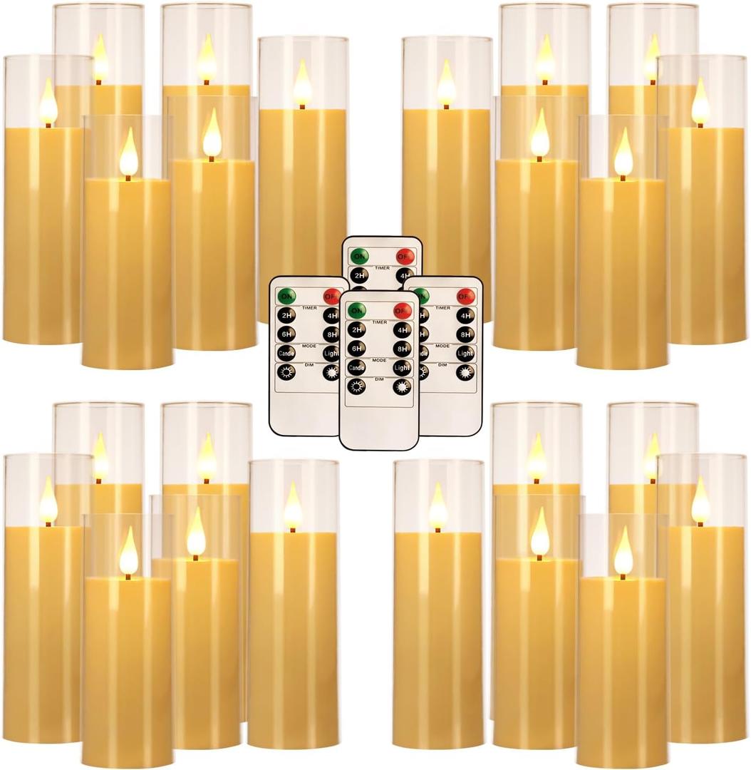 24-Pack LED Flameless Candles(14/16/18cm) with 4 Timers Remote - 3D Flickering Flame, Clear, Perfect Decor for Home & Events.