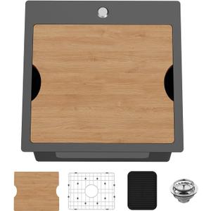 18x18 Inch Black Kitchen Sink Workstation - Stainless Steel Drop In Single Bowl Bar Sink Built-in Ledge Small Topmount Workstation Sink With Accessory-SS Grid Cutting Board,Silicon Mat,Drain Assembly