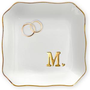 OASSIE Wedding Gifts - 4"x4" Initials Ceramic Jewelry Dish Tray Letter M - Ring Dish Engagement Gift, Wedding Bridal Shower Gift for Bride, Mothers Day Birthday Gifts for Women Her Friends Mom Sister