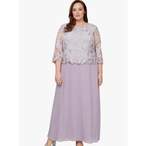 Plus Long Gown with Lace Bodice with 3/4 Illusion Sleeves, Scalloped Hem Detail and Chiffon Skirt 6P, Smokey Orchid Embroidery