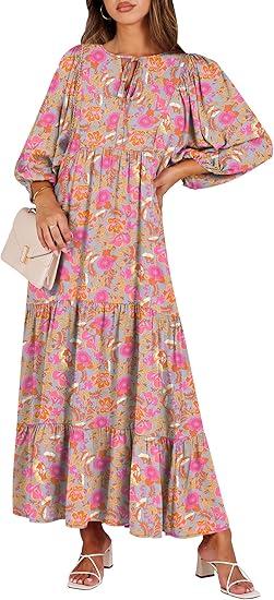 ANRABESS Womens Boho Maxi Dresses 2026 Summer V Neck Puff Sleeve Floral Flowy Swing Fall Casual Long Dress XL,Greygreen Pink Floral