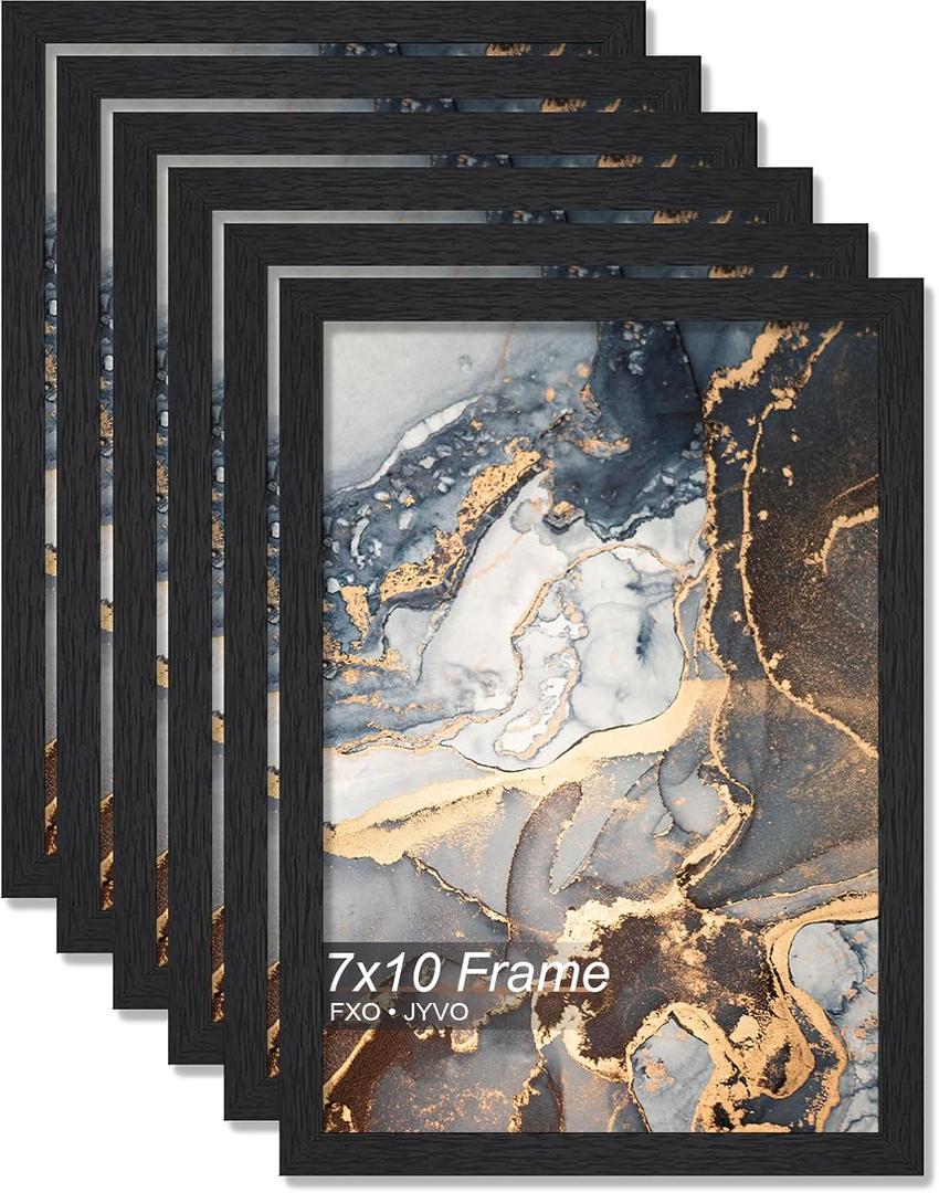 Fxojyvo Engineered Wood 7x10 Picture Frame Set of 6, Black Frame for 7 x 10 Inch Picture Poster Photo, Light Weight 7 by 10 Frame with Wood-grain for Wall - 6 Pack/Black/7"x10"