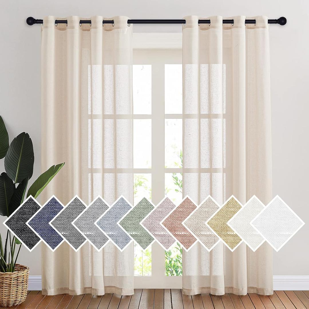 NICETOWN Semi Sheer Beige Curtains 84 inches Long, Grommet Retro Linen Curtains Window Treatments Vertical Drapes Privacy with Light Filter for Living Room, W52 x L84, 2 Panels