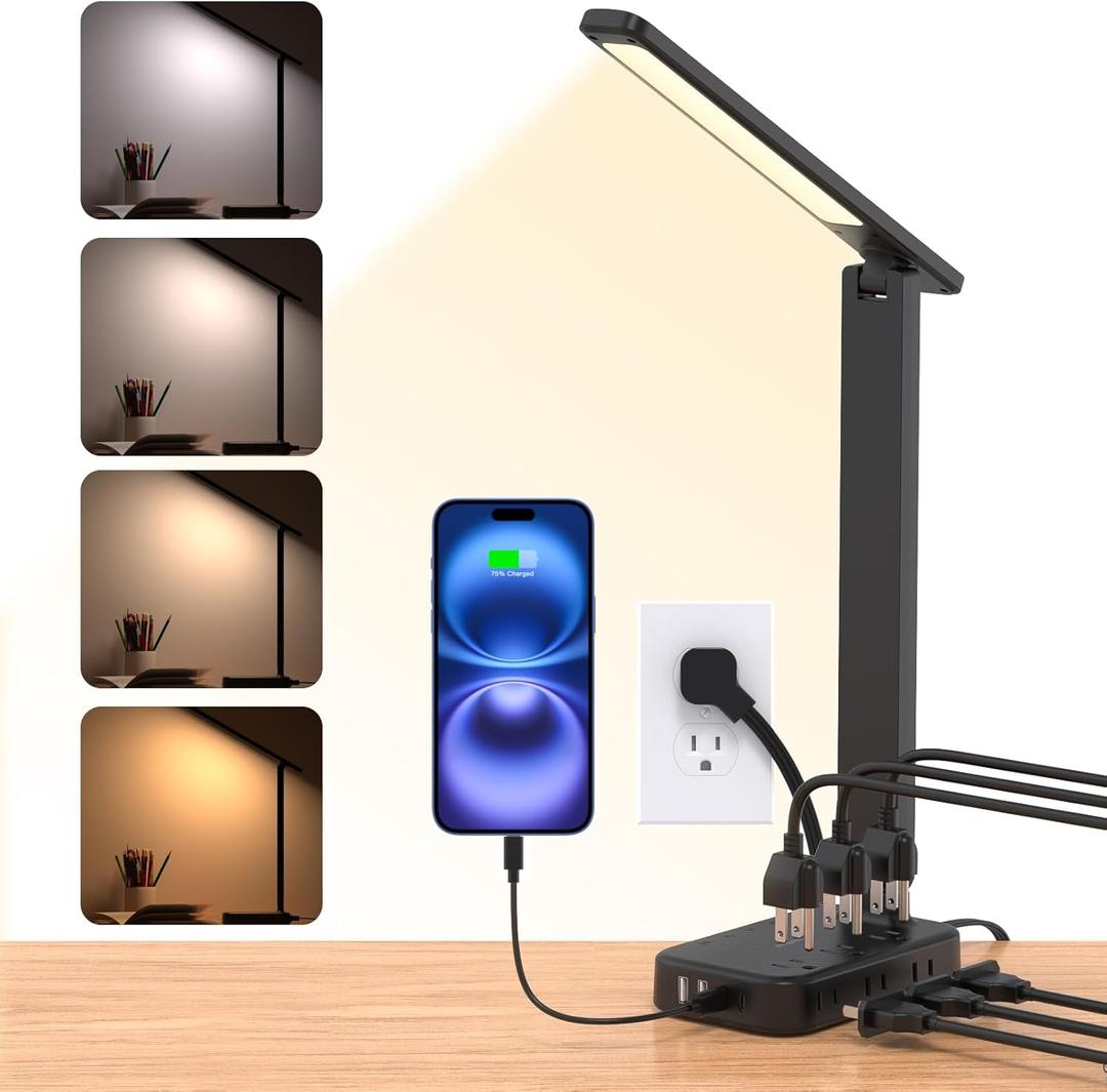 One Beat Desk Lamp with 6 Outlets 4 USB Ports(2USB-C),Eye Protection Table Lamp Power Strip with 4 Color Modes 5 Brightness Touch LED Desk Lamps for Home Office College Dorm Room Essentials(Black)