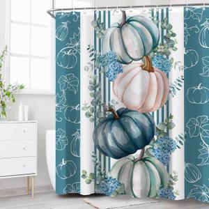 Blue Teal White Fall Pumpkin Shower Curtain Sets for Bathroom 60Wx72H Eucalyptus Leaves Shower Curtain Thanksgiving Autumn Bathtub Curtain Flower Holiday Flower Floral Boho Bathroom Decor