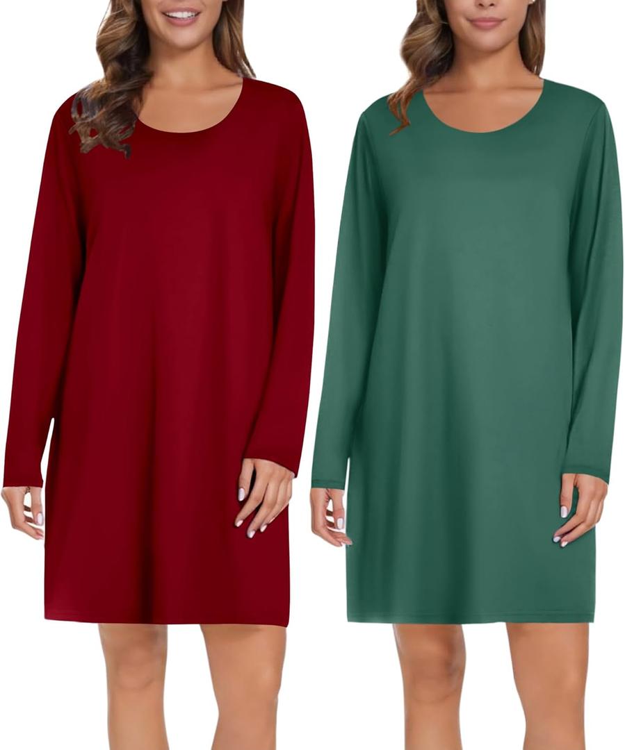 Ekouaer 2 Pack Long Sleeve Sleep Shirts for Women Soft Night Shirts Pullover Nightgowns Comfy Night Gowns Dress S-3XL (Medium, Wine Red&evergreen)