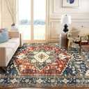 Yamaziot Area Rug 5x7, Non-Slip Washable Boho Vintage Living Room Bedroom Rug with Rubber Backing, Low Pile Faux Wool Soft Distressed Rug Floor Carpet for Living Room, Bedroom, Brick Red