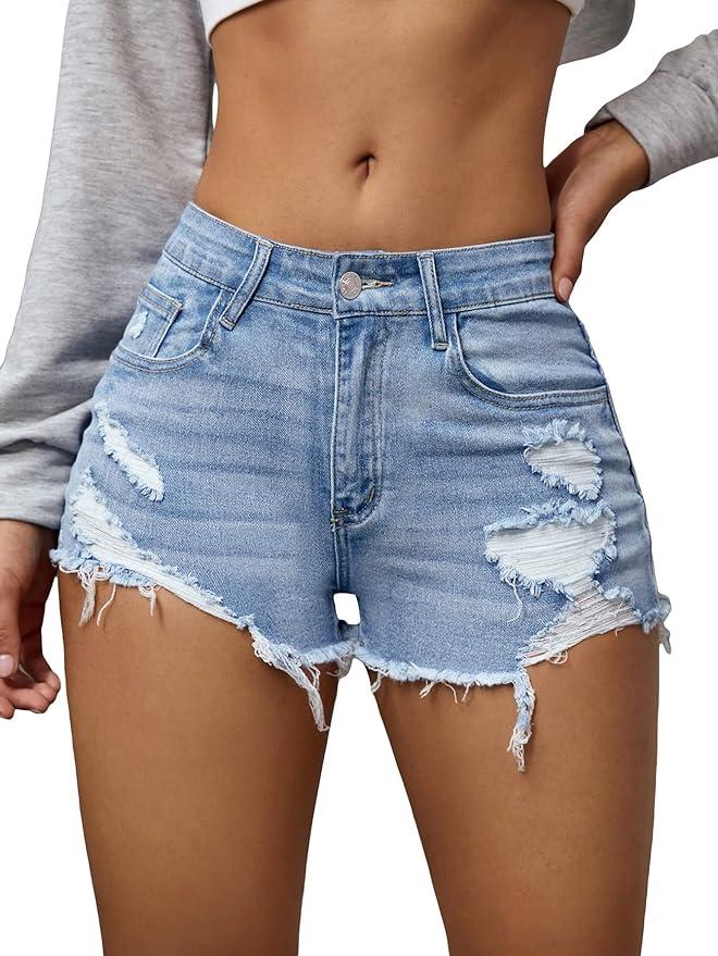 Verdusa Women's Ripped Distressed Skinny Denim Shorts, Small