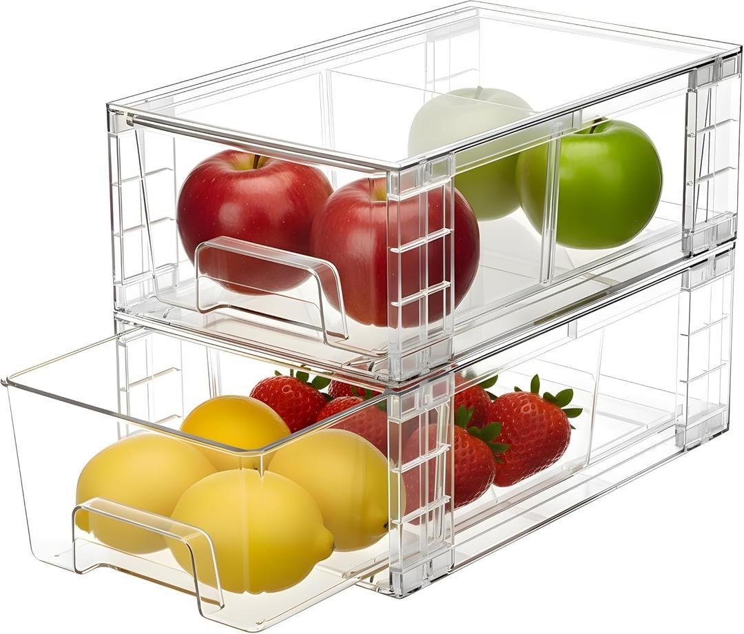 2 Pack Stackable Storage Drawers, Plastic Organizers Bins, Drawers Storage with Handles and Movable Dividers for Organization and Storage in Fridge, Bathroom, Pantry, Kitchen Cabinets, Under Sink
