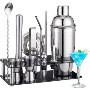 Cocktail Shaker Set Bartender Kit : 15-Piece Stainless Steel Bartender Kit with Acrylic Stand Bars Set with All Practical Bars Accessories, Bar Tools for Drink Mixing, Bar, Home, Lounge & Party
