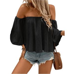 SweatyRocks Women's Sexy Cute Off Shoulder Ruffle Hem Flowy Chiffon Blouses Top (Black, XL)