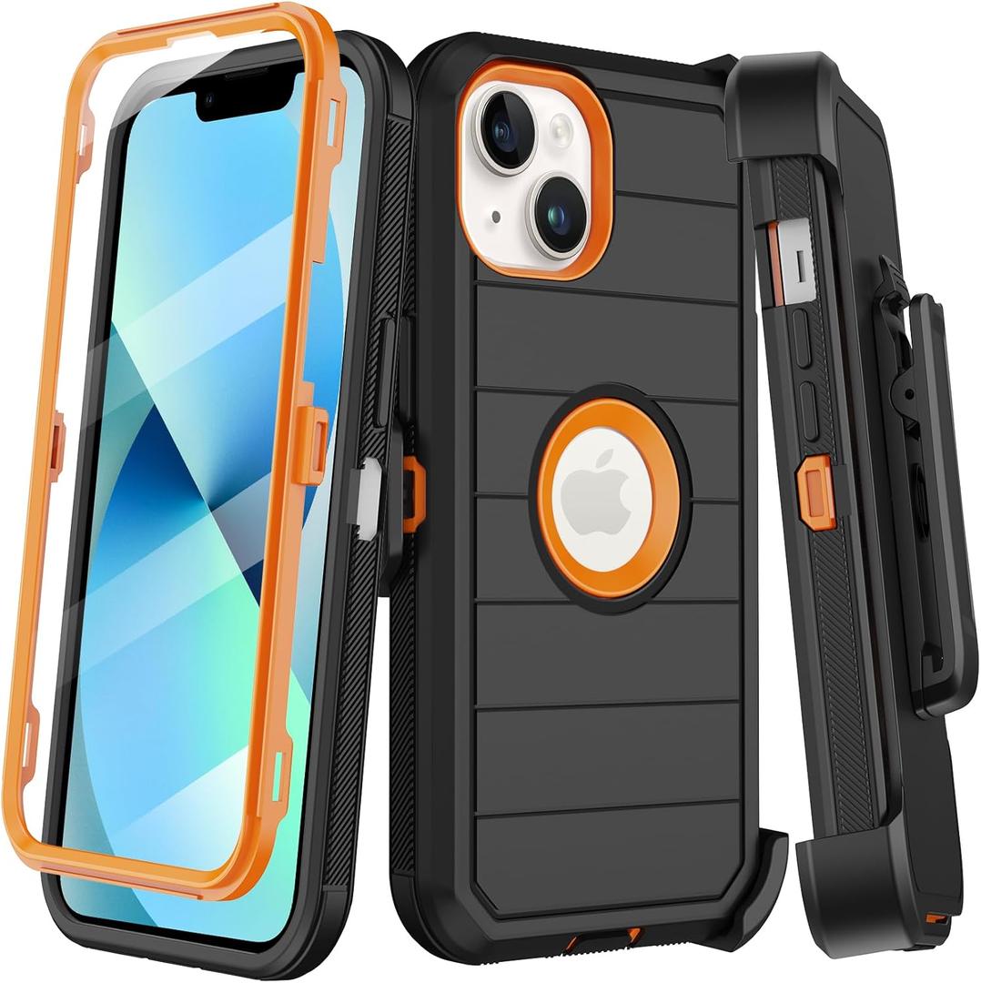 for iPhone 13 Mini Case with Built-in Screen Protector, Belt Clip Holster, Heavy Duty Shockproof Drop Protection Military Grade Durable Phone Cover with Kickstand for iPhone 13 Mini (Black Orange)