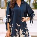 CUPSHE Women Mini Summer Dress Cover Up Oversize Floral Shirt 3/4 Sleeve Cuff Tie Button Down Beach Dresses Cover Up Top (Blue, XXL)
