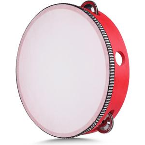 Flexzion Wooden Round Tambourine for Kids and Adults 8" Inch Single Row 8 Pair Jingles, Red Handheld Percussion Instrument for Beginner and Professional Tambourine Player