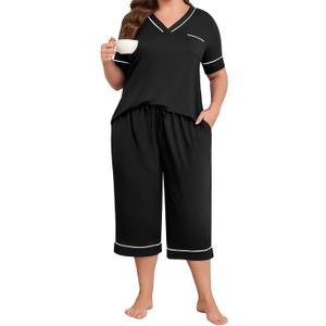 Lastshe Plus Size Womens Pajama Set 2 Piece V Neck Short Sleeve Capri Pants Loungewear Pjs Lounge Set Knit Soft with Pockets (Black, L)