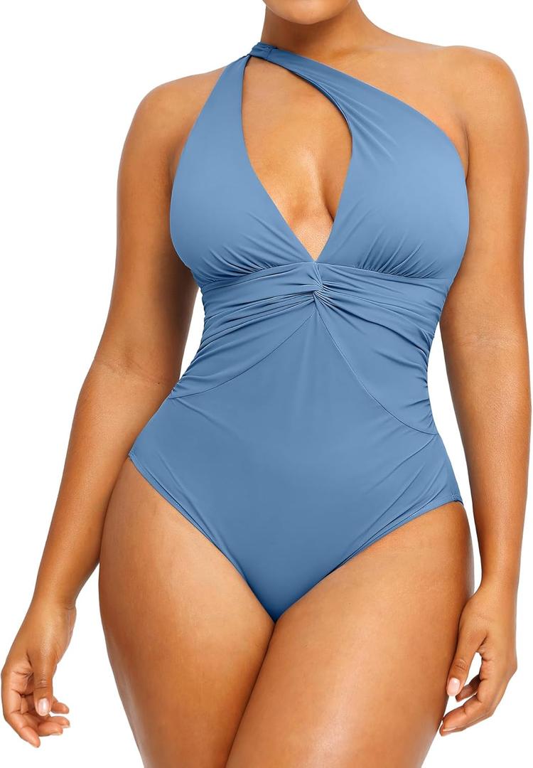 SHAPELLX Women's One Piece Swimsuit Tummy Control Ruched Full Coverage Bathing Suit V Neck Slimming Swimwear (Blue) XL
