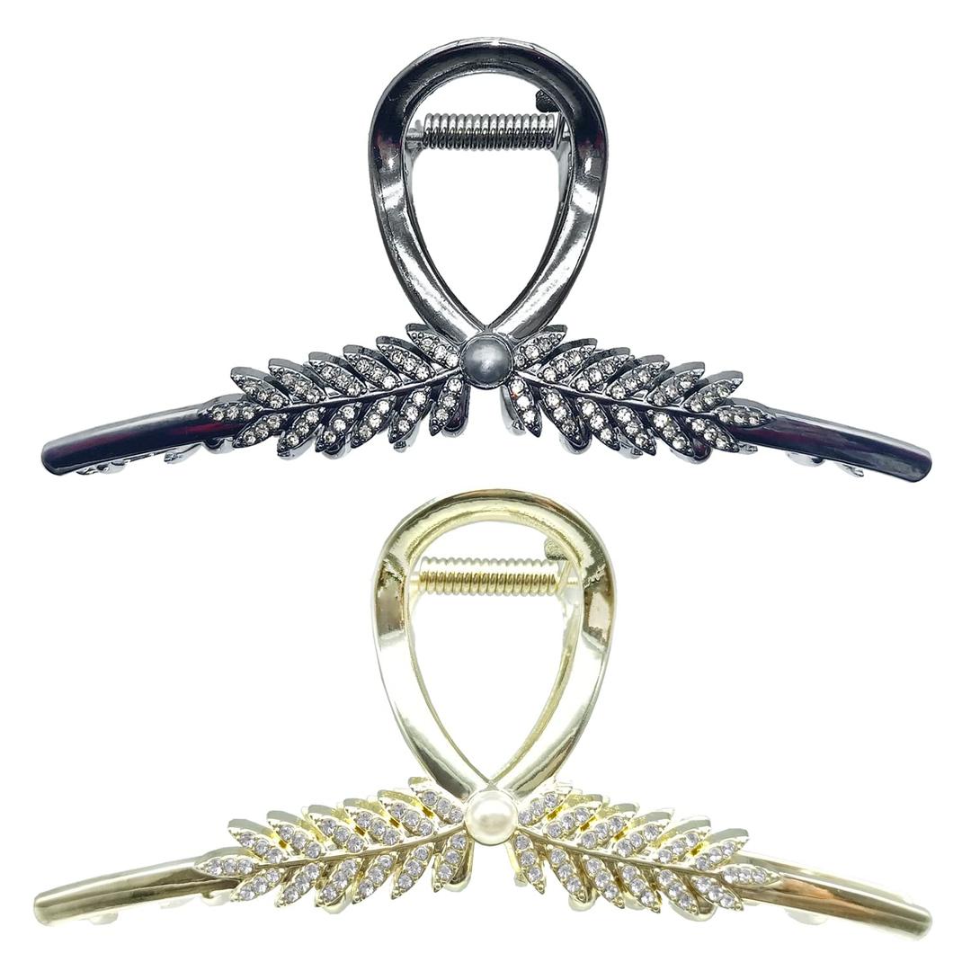 2 x Large Claw Clips with Pearl and Rhinestone, Hair Clips for Women, Metal Hair Claw Clips, Strong Hold Metal Claw Hair Clips for Ladies Thick Hair & Thin Hair, Non-Slip/Rust Claw (2 Pack)