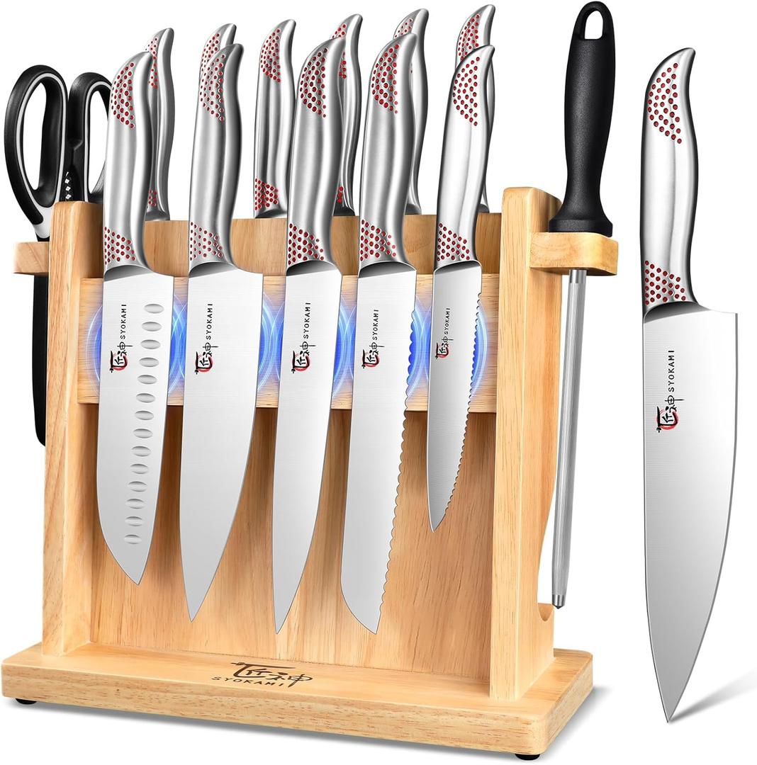 Japanese Knives Set for Kitchen, Magnetic Knife Set with Block and Sharpener, Stainless Steel Knife Set as Gift for Couple, Wedding, Women or Mom with Gift Box, 14 PCS Red Dot