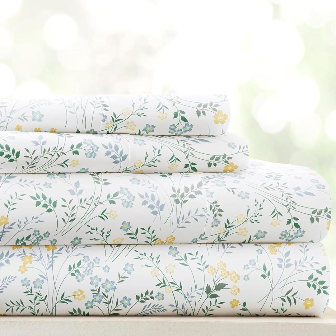 Linen Market Patterned Microfiber Queen Sheet Set 4 Piece  Oeko-TEX Certified Ultra Soft & Wrinkle-Free - 16" Deep Pocket Sheets - Easy Care Queen Size - Wildflower Light Blue