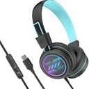MEE audio KidJamz KJ55 Safe Listening USB-C Headphones for Children with Multicolor LED Lights, Volume Limiter, & Microphone; On-Ear Wired Kid Headset for iPhone 16, iPad, & USB Type C Devices (Black)