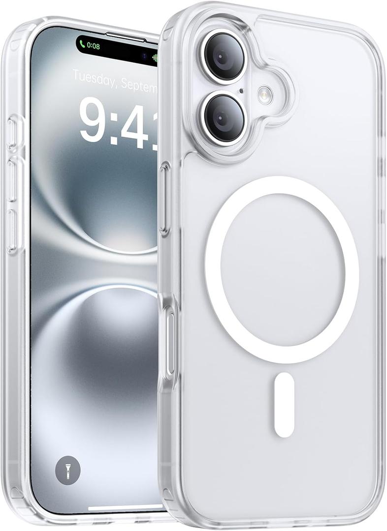 Magnetic for iPhone 16 Case, [Compatible with MagSafe][Military-Grade Drop Protection][Anti-Yellowing] Shockproof Protective Translucent Matte Cover for iPhone 16 Phone Case,White