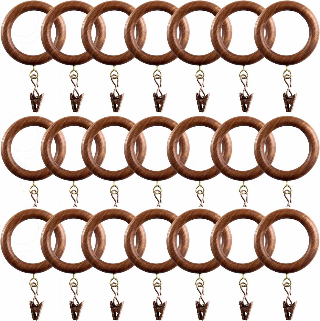 12 Pack Wooden Drapery Curtain Rod Rings with Clips for 1 inch to 1.5 inch Rod Pole, 1.75 inch Inner Diameter, Natural Rosewood (12, 1.75 INCH Inner Dia)