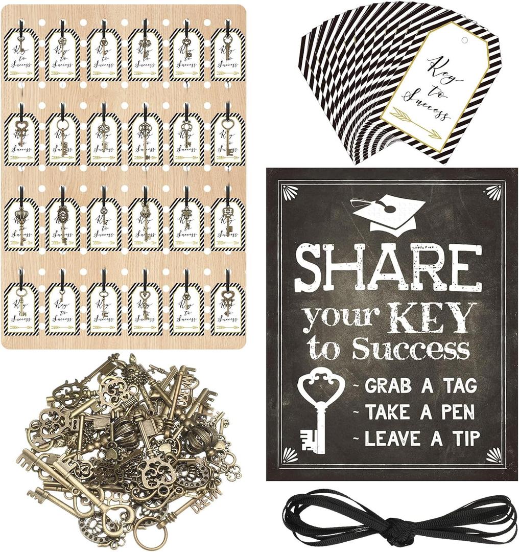100 Set 2026 Graduation Party Favors Include 100 Keychains Bulk 100 Advice Cards 'Share Your Key to Success' Chalkboard Sign Antique Skeleton Key Gifts for Graduation Party