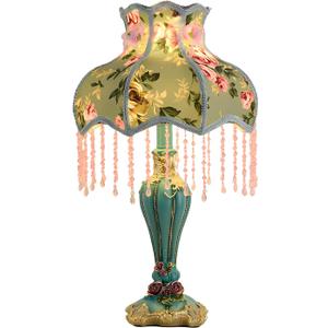 Green Victorian Table Lamp European Style Fabric Desk Lamps with Fringe Beaded Lampshade Painted Resin Base Handmade Vintage Flower Bedside Night Light for Bedroom Living Room Office