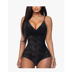 BRABIC Lace Bodysuit for Women Tummy Control Shapewear Sleeveless Tops V-Neck Backless Camisole Jumpsuit Shaper, M, Black