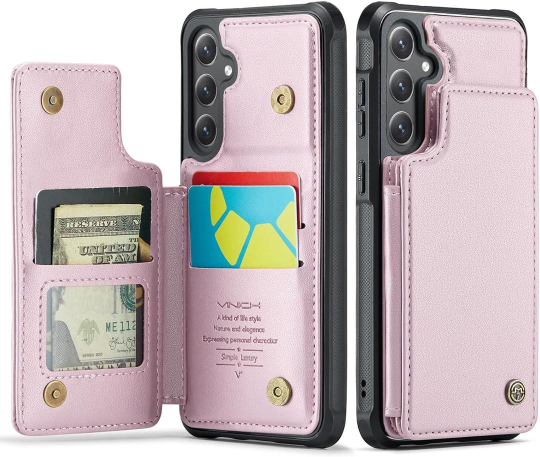 Vinich for Samsung Galaxy S25 Wallet Case with Card Holder, RFID Blocking Credit Slots Kickstand Shockproof Phone Cover for Women Men, Pink