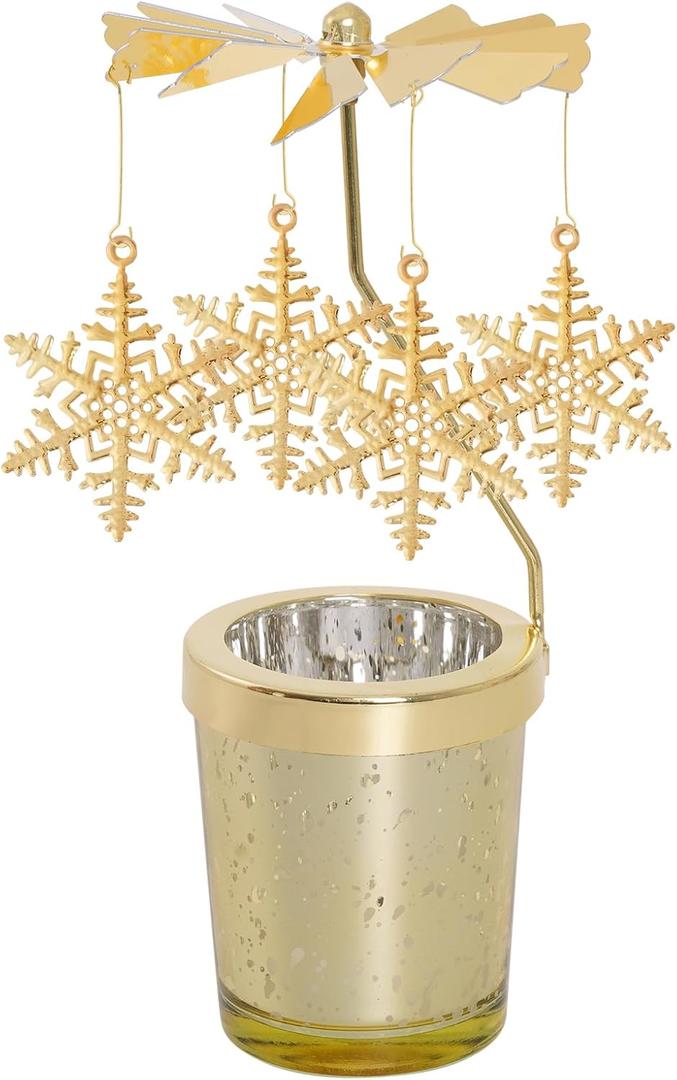 Rotating Candlestick Spinning Tea Light Candle Holder Gold Glasses Rotary Tealight Holders Christmas Anniversary Birthday Party Table Centerpieces Revolving Decoration (Snowflake)
