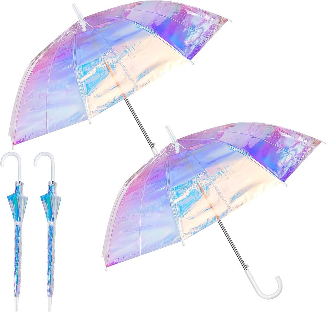 Dunzy 2 Pieces Holographic Wide Umbrella Adult Clear Iridescent Umbrella for Women Wedding Automatic Open Windproof Parasol, 39 Inch