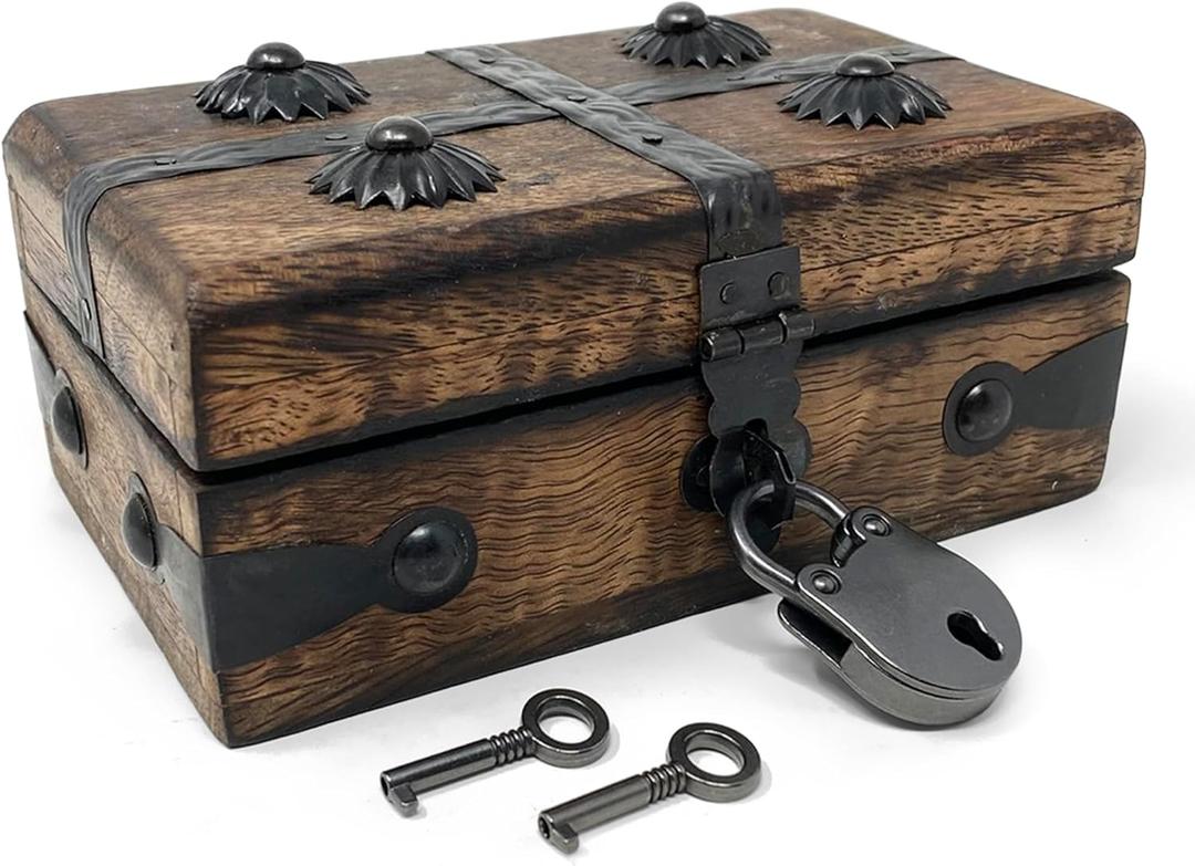 Nautical Cove Treasure Chest Wooden Box with Antique Iron Lock and Skeleton Key (X-Small 5 x 3 x 2) - Storage and Decor  Pirate Wooden Treasure Chest, Decorative Box with Hinged Lid,