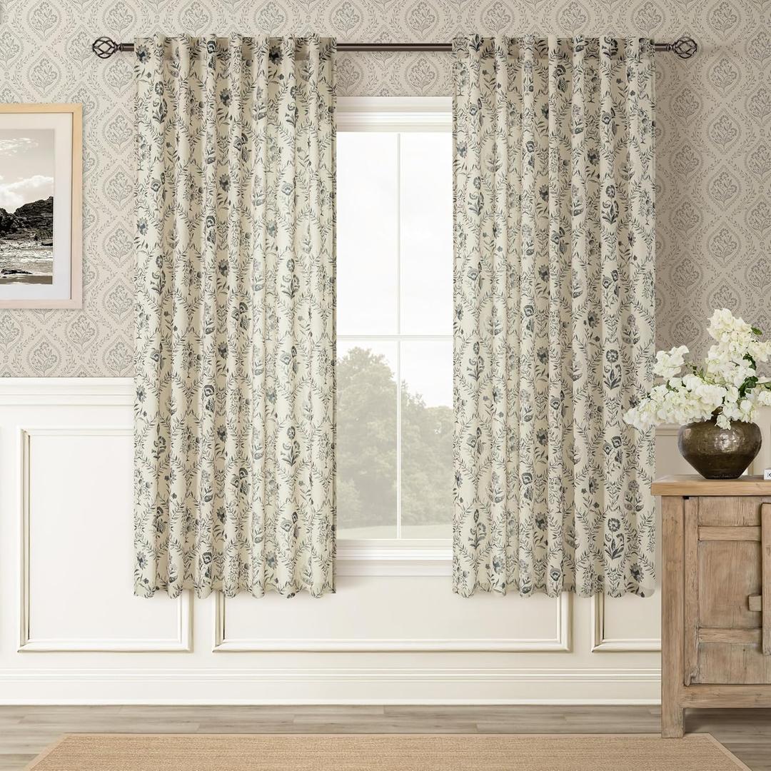 Charcoal Floral Linen Curtains 63 Inch Length 2 Panels Set Patterned Semi Sheer Living Room Bedroom Back Tab Rod Pocket Farmhouse Boho French Country Blackish Green Flower Plant Kitchen Window Drapes