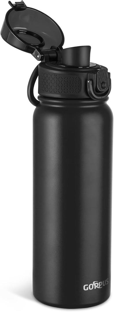 GOPPUS 20 Oz Insulated Stainless Steel Water Bottle BPA-Free Sports Water Bottle, Great for Travel, with Chug Lid - Leak & Sweat Proof with Anti-Dust Lid (Black)