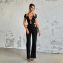 Molilove Women's Sexy Jumpsuits Short Sleeve Hollow Out Flare Pants Rompers Sexy One Piece Outfits Going Out (Black, L)