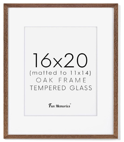 Fun Memories 16x20 Picture Frame for Wall, Real Oak Wood Frames 16 by 20, 16x20 Frame Matted to 11x14, Tempered Glass, 16 x 20 Wood Frame, 16"x20" Poster Frame, Walnut Color, 1 Pack 