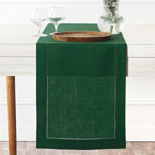 D'Moksha Homes Linen Forest Green Table Runner 108 Inches Long - 100% Pure Linen 14 x 108 Inch Table Runner for Mothers Day, Easter - Classic Hemstitch