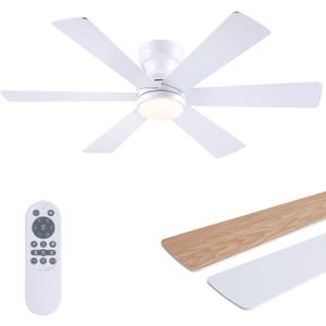 Asyko Ceiling Fans with Lights, 46" Low Profile Ceiling Fan with Light and Remote, Flush Mount for Bedroom, Living Room, 6 Speeds, Dimmable, Timer, Quiet Reversible, White